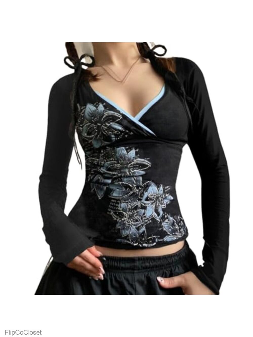 Y2K V Neck Floral Long Sleeve T-Shirt Fairy Grunge Vintage Top
